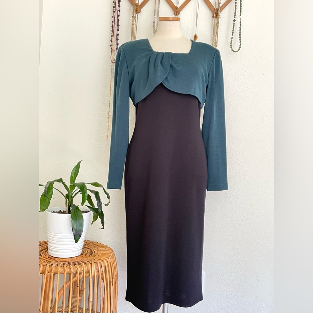 1980s Wool Acrylic Blend Back and Teal Color Block Pullover Dress